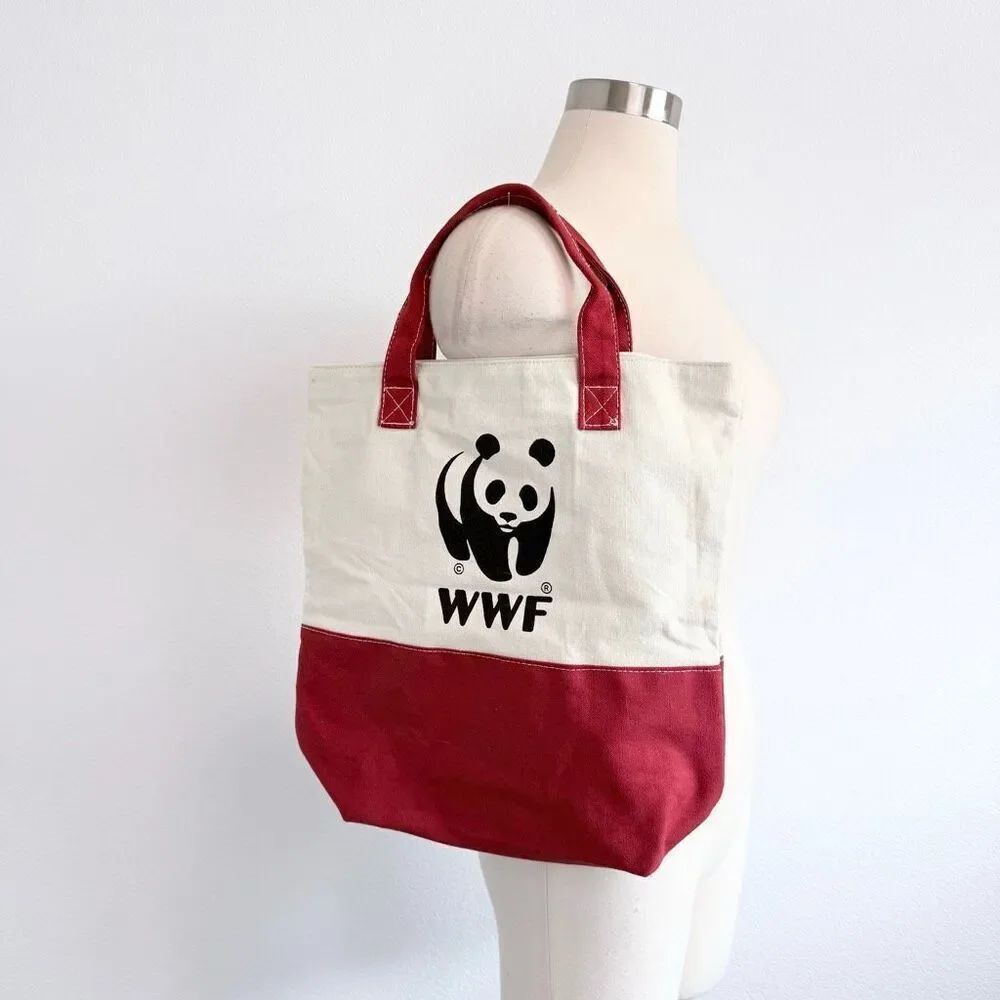 Vintage WWF Panda Colorblock White Canvas Tote Bag Cream Animals Nature